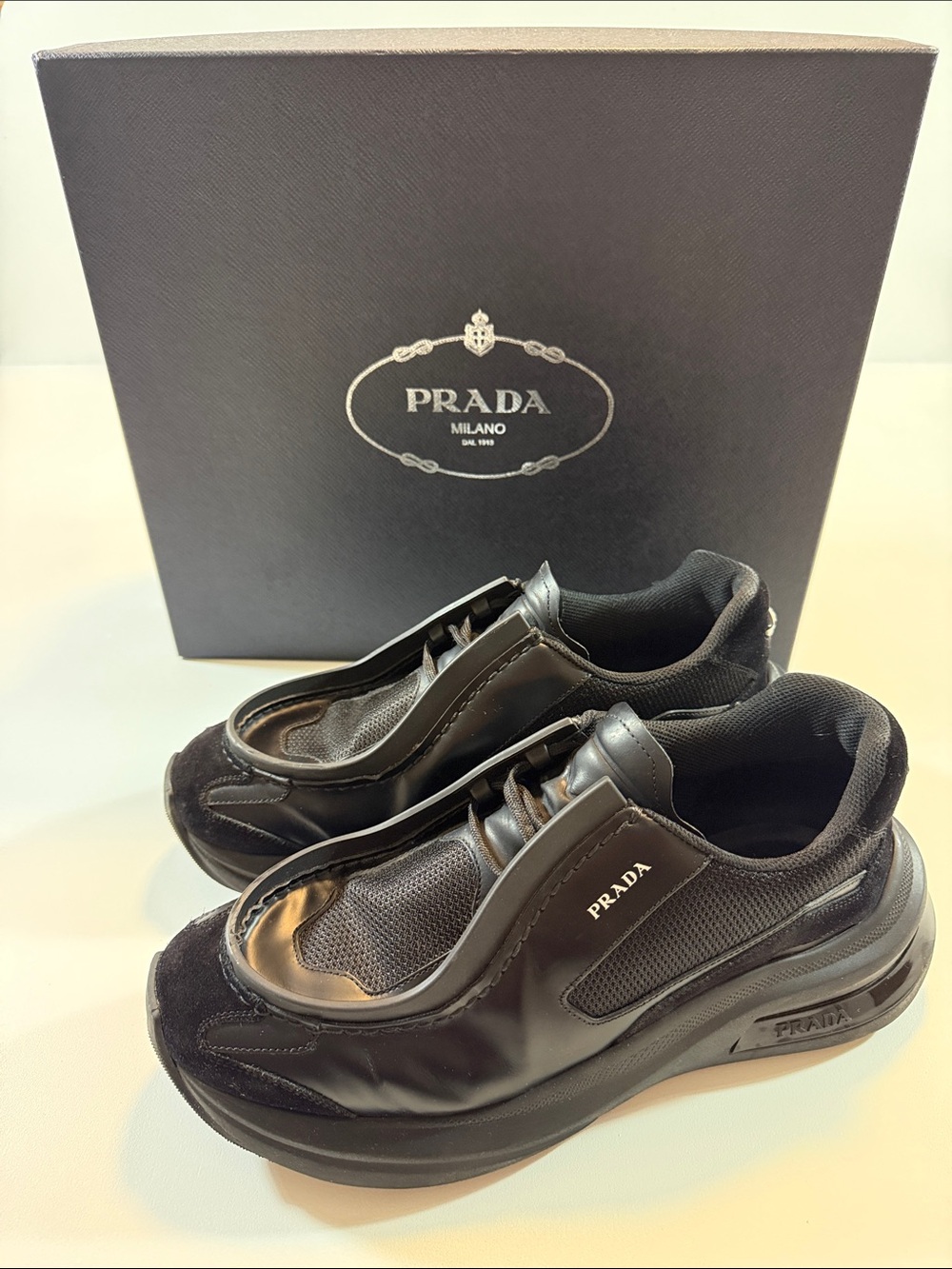 Prada Men’s Black Leather & Mesh Slip-On Sneakers